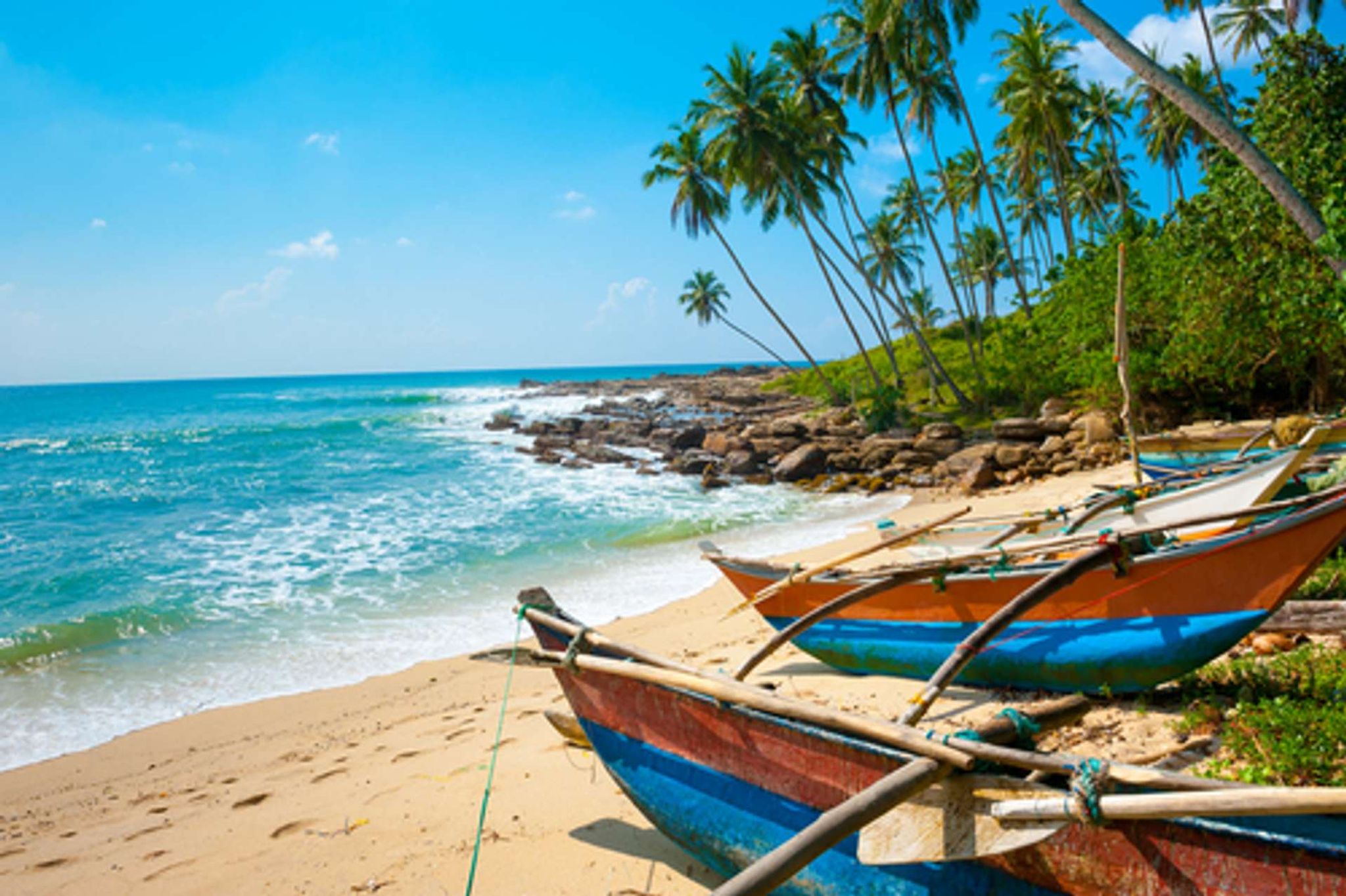 Sri Lanka beach with palms and fishing boats